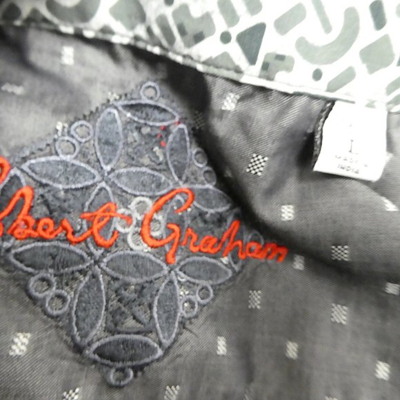 ROBERT GRAHAM gray black geometric shirt L contrast collar cuffs - Picture 7 of 7